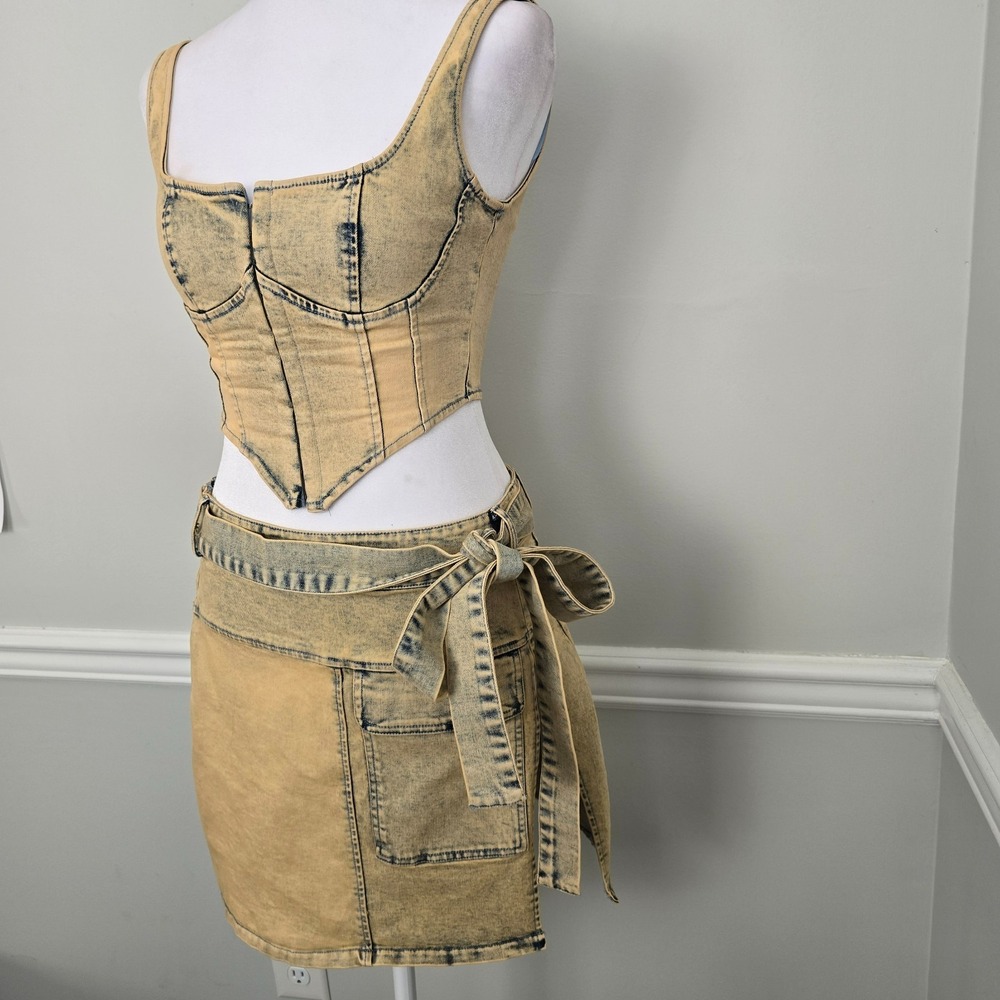 Cherie Los Angeles Womens Denim Crop Corset Skirt Set Small Y2K Chic Streetwear - Picture 4 of 10